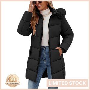 Long Puffer Jacket Water Repellent Fleece Lined Winter Parka Detachable Hood